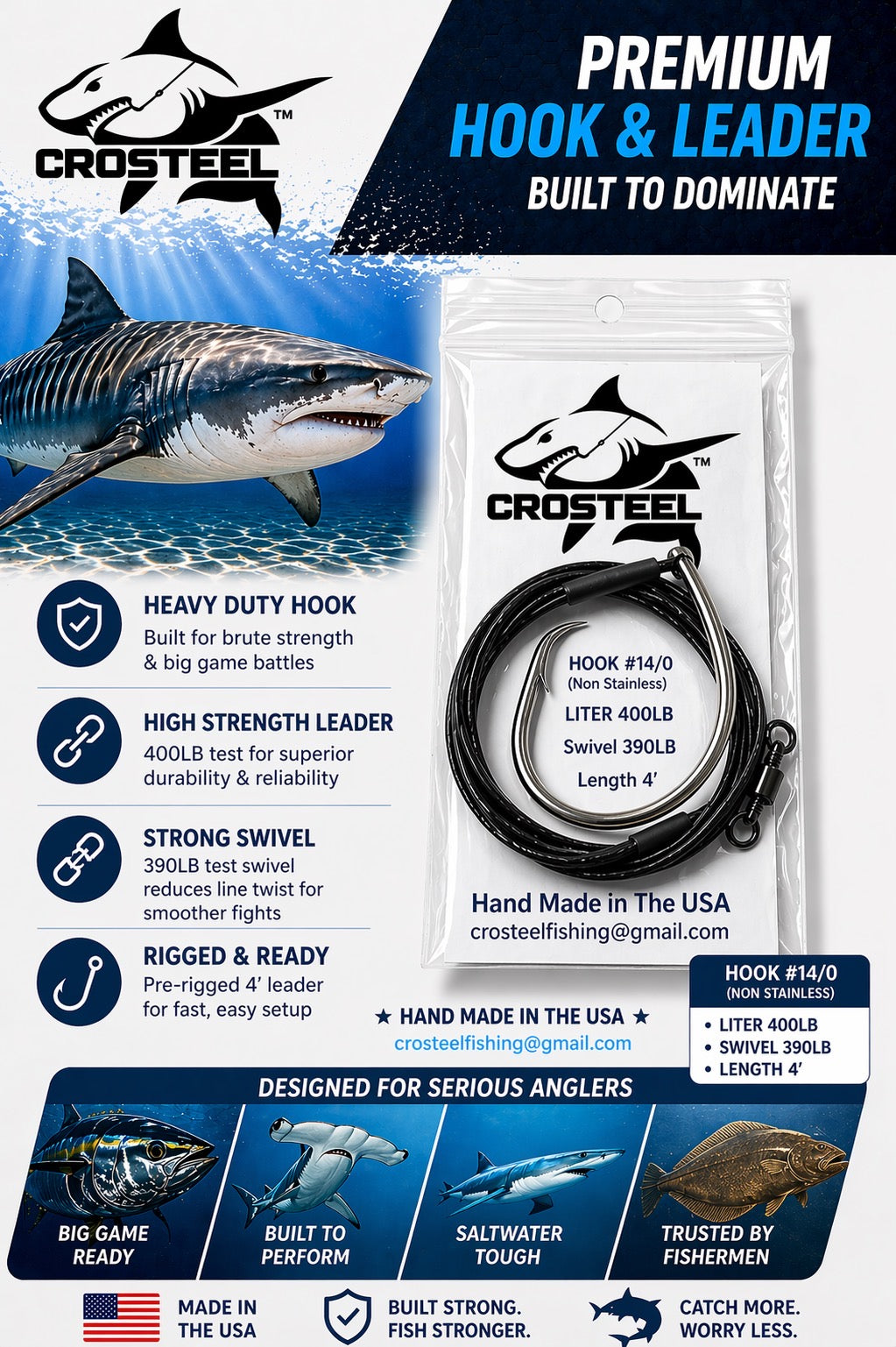 CROSTEEL 14/0 Braided Stainless steel nylon coated 400lb Leader with Mustad 39960 Circle Hook