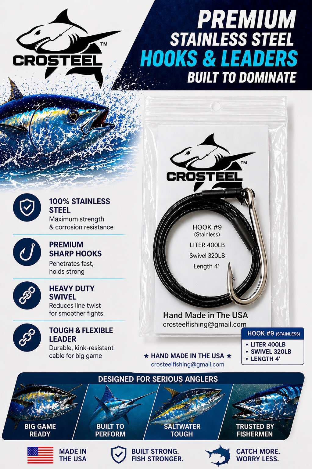 CROSTEEL 9/0 Braided Stainless steel nylon coated 400lb Leader with Mustad 3407 O'Shaughnessy hook